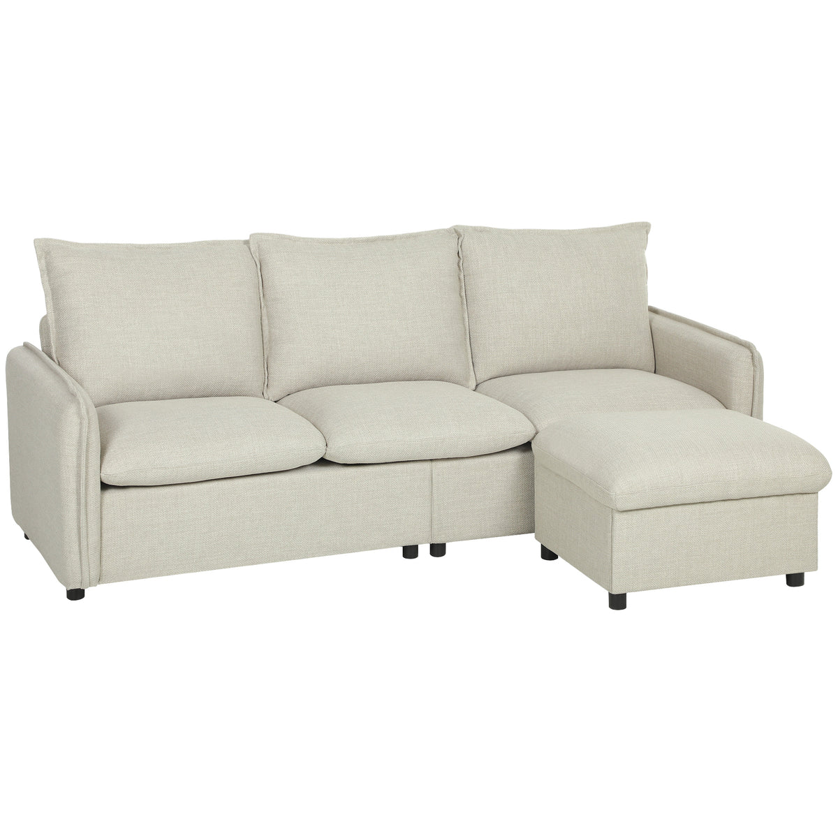 Canapé 3 places avec pouf de rangement, canapé d'angle modulable 212 cm, coussins à ressorts, tissu en lin, crème