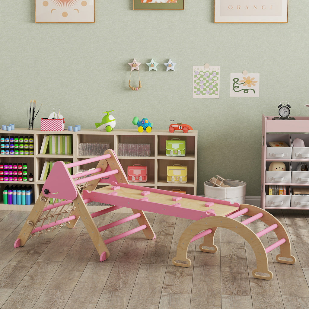 Triangle d'escalade enfants 8 en 1 avec rampe double face, arc d'escalade en bois avec toboggan & échelle, rose