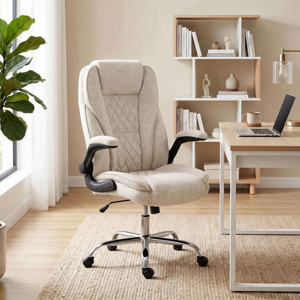 Fauteuil de bureau, chaise bureau ergonomique, hauteur réglable, accoudoirs relevables, 70 x 70 x 114-122 cm, beige-8