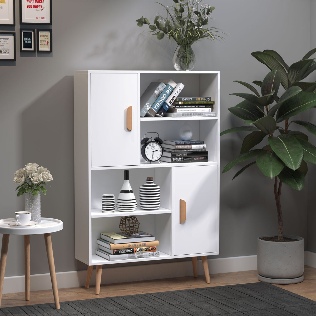 Bibliothèque scandinave 4 niches + 2 placards avec étagère dim. 80L x 24l x 123H cm Pieds effilés inclinés Bois Massif Panneaux Particules Blanc-6