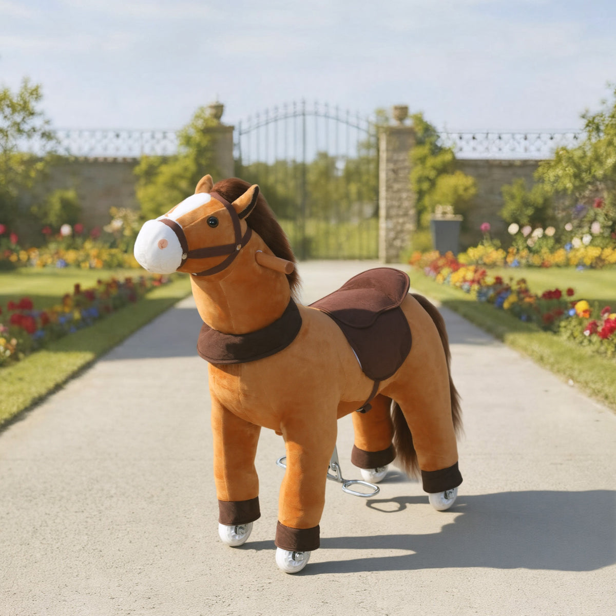 Cheval à Monter pour Enfant, Cheval à Roulettes en Peluche, Poignée, 75 cm de Haut, pour 3 à 5 Ans, Marron