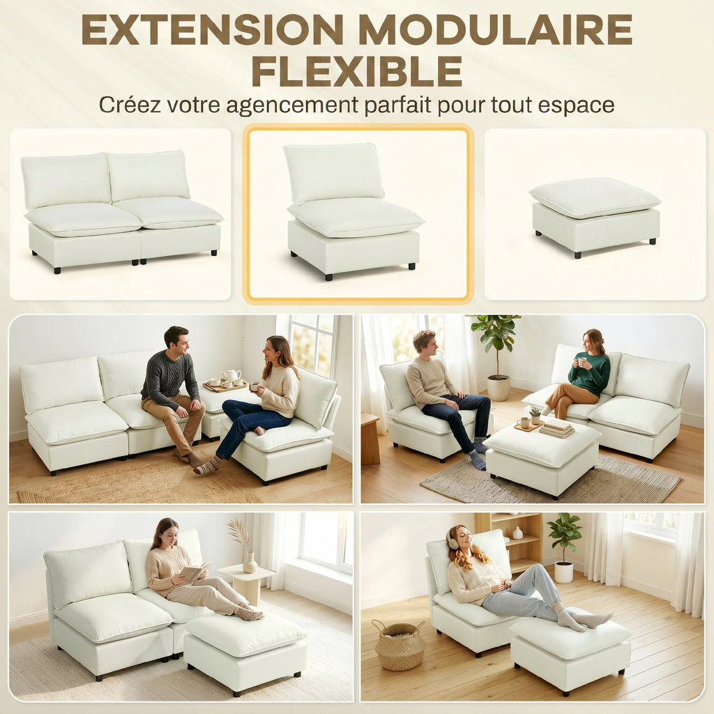 Fauteuil de salon, canapé 1 place moderne sans accoudoirs avec assise large, coussins épais, 146x85x78cm, crème