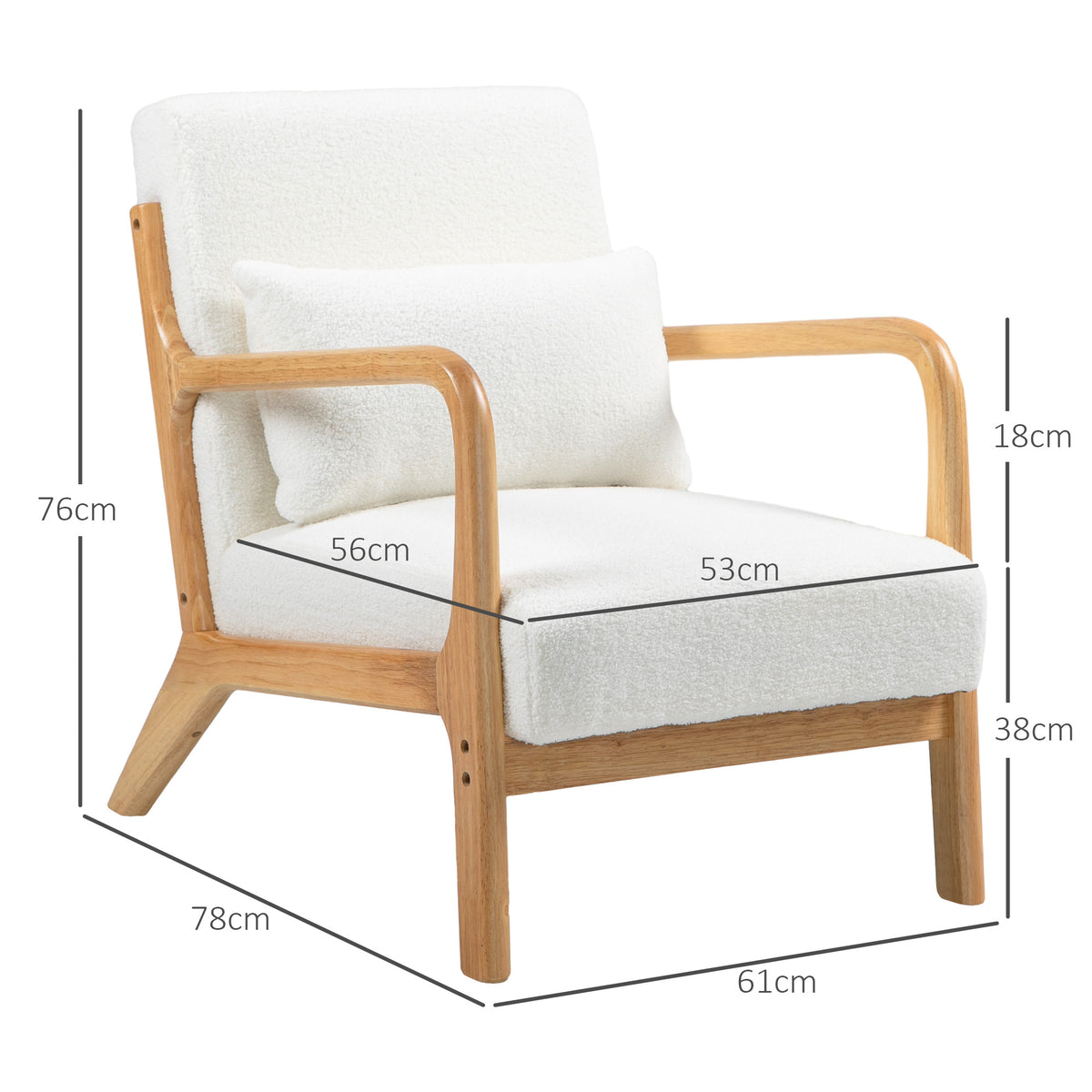 Fauteuil lounge - 3 coussins inclus - assise profonde - accoudoirs - structure bois hévéa - tissu bouclette crème