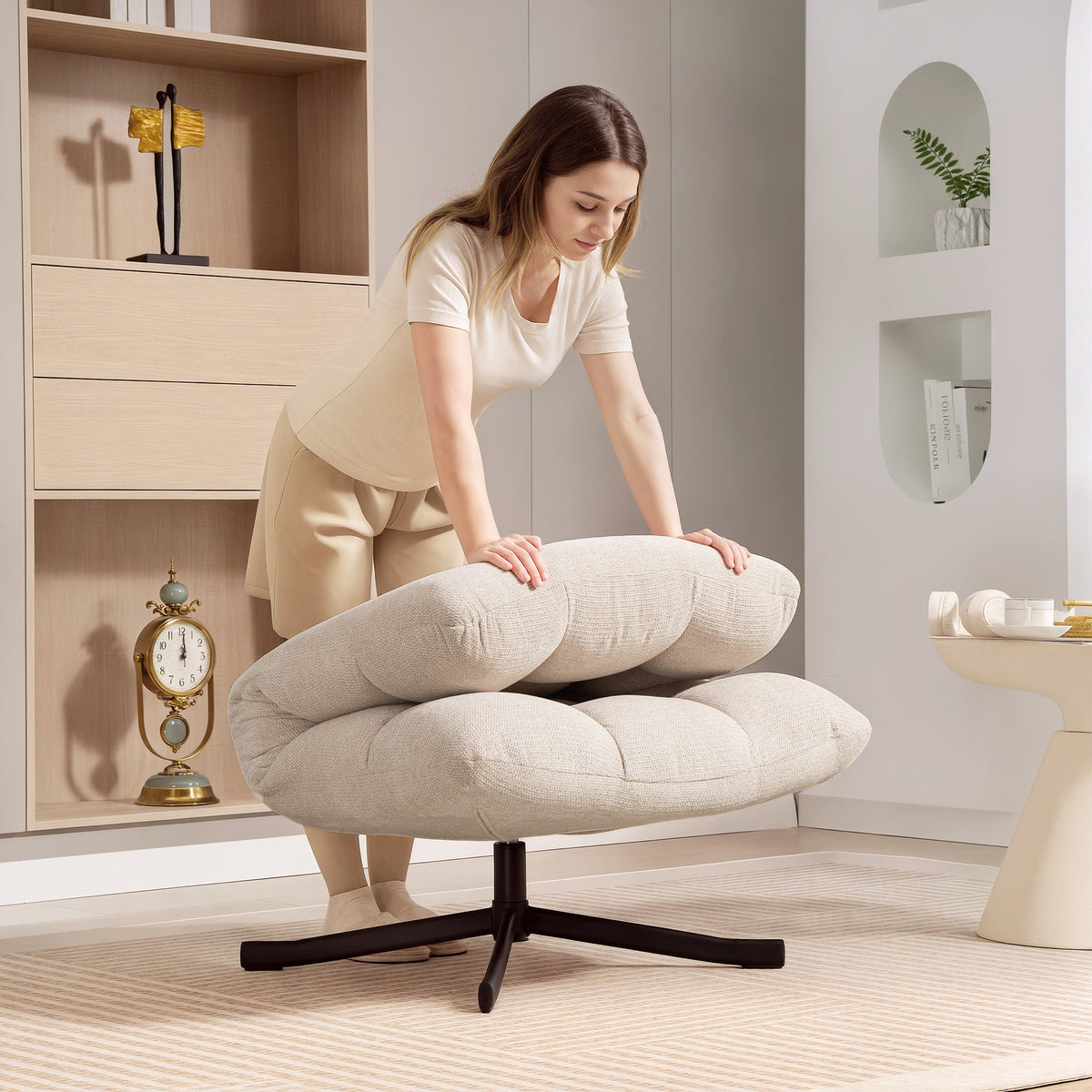 Fauteuil Salon sans Accoudoirs, Chaise Pivotante en Tissu Chenille, Assise Large, 75 x 95 x 90 cm, Crème-9