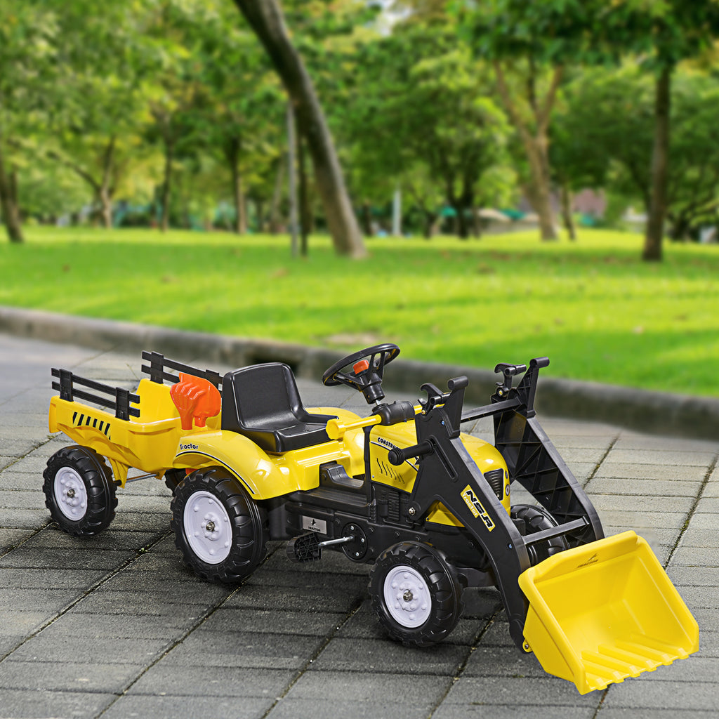 Tracteur à pédales tractopelle avec remorque Pelle et râteau Jeu de Plein air Enfants à partir de 3 Ans Jaune Noir