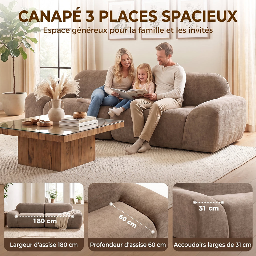 Canapé 3 Places en Chenille 244 cm, Canapé Salon Moderne, Assise et Accoudoirs Larges, Ressorts Ensachés, Marron Clair-3