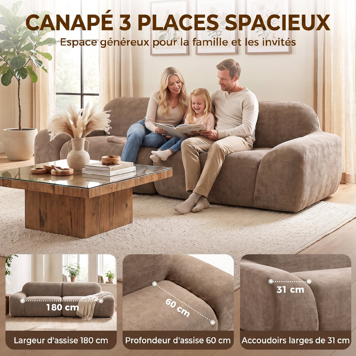 Canapé 3 Places en Chenille 244 cm, Canapé Salon Moderne, Assise et Accoudoirs Larges, Ressorts Ensachés, Marron Clair-3