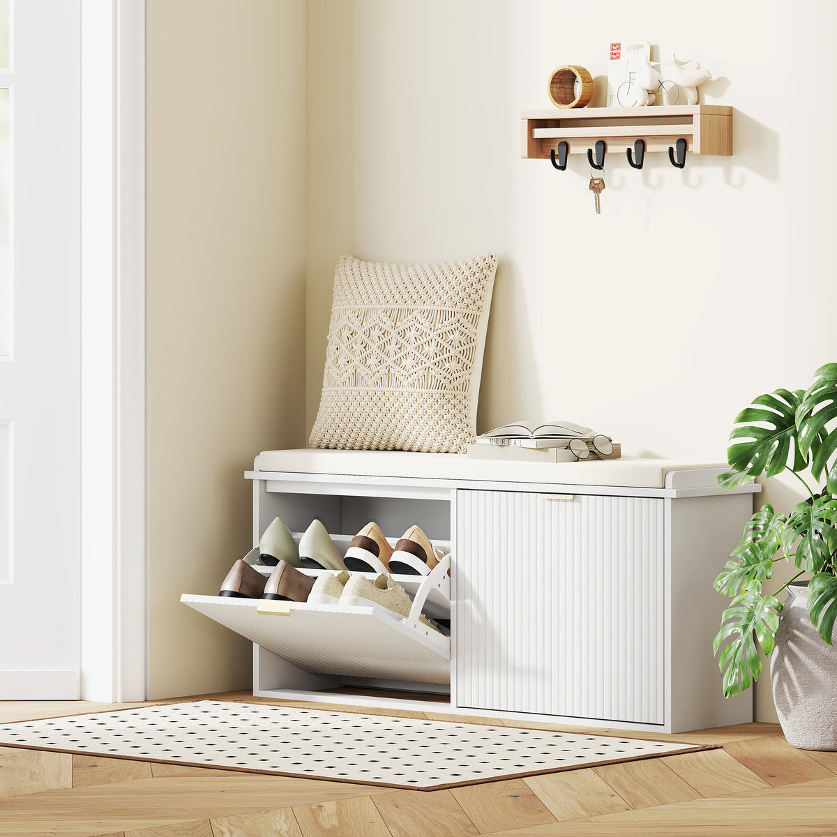 Banc à chaussures avec coussin d'assise rembourré et tiroir rabattable pour couloir, chambre, 104 x 26 x 47,5 cm, blanc-1