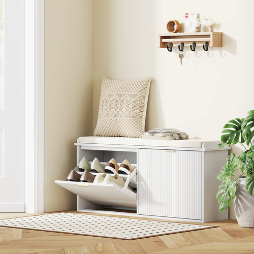 Banc à chaussures avec coussin d'assise rembourré et tiroir rabattable pour couloir, chambre, 104 x 26 x 47,5 cm, blanc-1