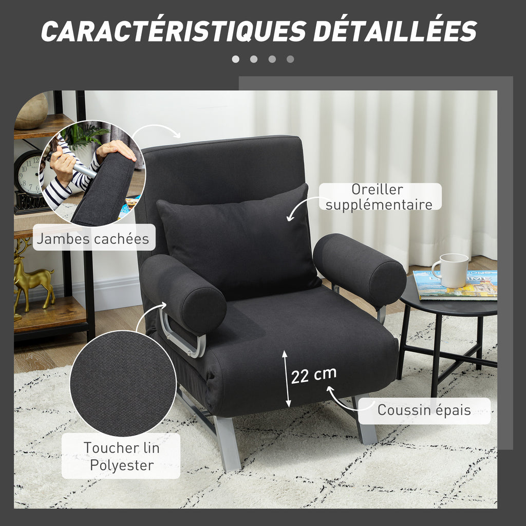 Fauteuil chauffeuse canapé-lit Convertible inclinable 1 Place Coussin lombaires accoudoirs piètement métal Lin Noir