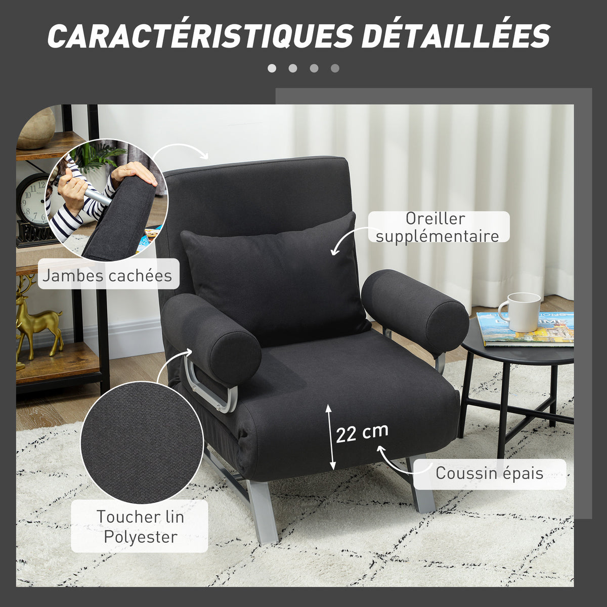 Fauteuil chauffeuse canapé-lit Convertible inclinable 1 Place Coussin lombaires accoudoirs piètement métal Lin Noir