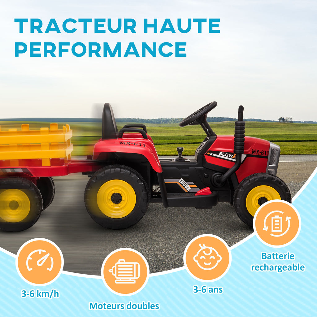 Gyermek traktor Piros 12 V-os elektromos – levehető utánfutóval és távirányítóval