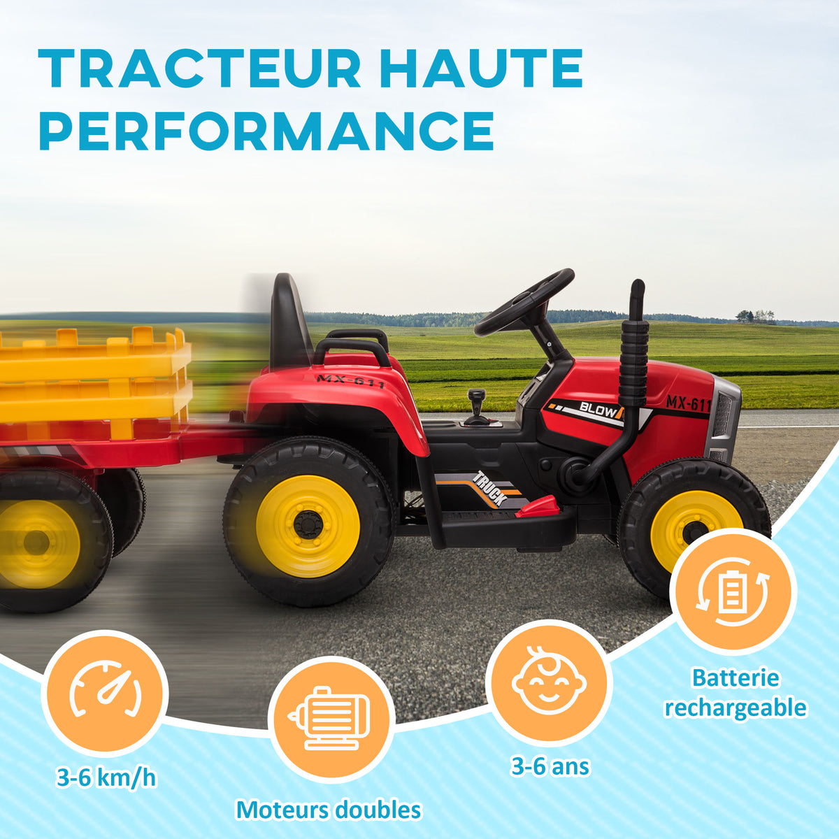 Gyermek traktor Piros 12 V-os elektromos – levehető utánfutóval és távirányítóval