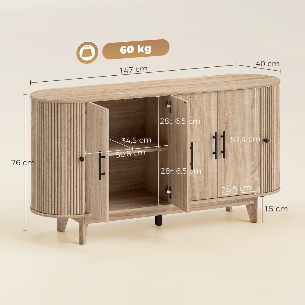 Buffet salon, meuble de rangement ovale avec 6 portes et 2 étagères réglables, 147x40x76cm, chêne-2