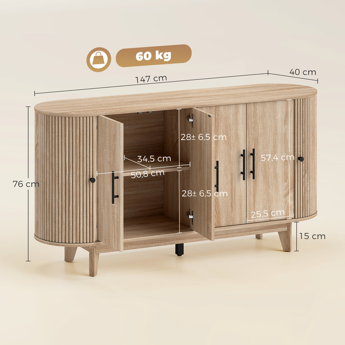 Buffet salon, meuble de rangement ovale avec 6 portes et 2 étagères réglables, 147x40x76cm, chêne-2