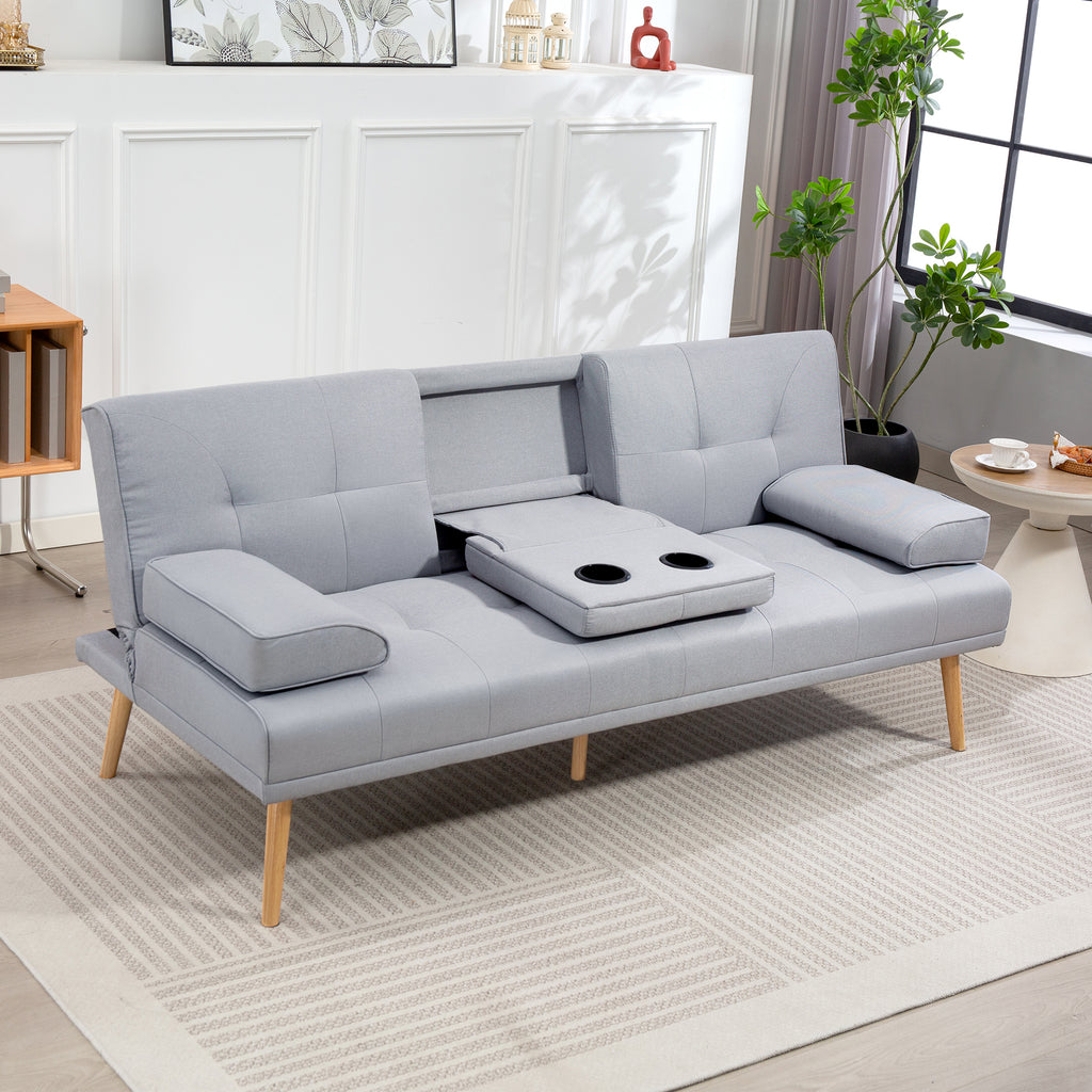Canapé convertible 3 places, canapé-lit rembourré avec dossier réglable 3 niveaux, 2 coussins et 2 porte-gobelets intégrés, tissu de lin, pour salon, chambre d'amis, petit espace, gris clair