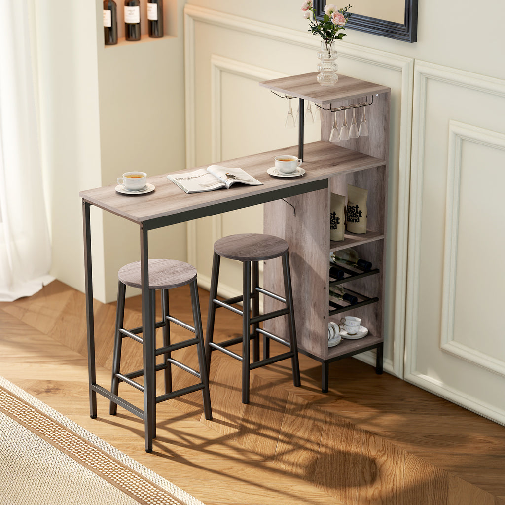 Ensemble table de bar avec tabourets, table à manger debout avec 2 chaises de bar étagères, casiers à vin, gris-9