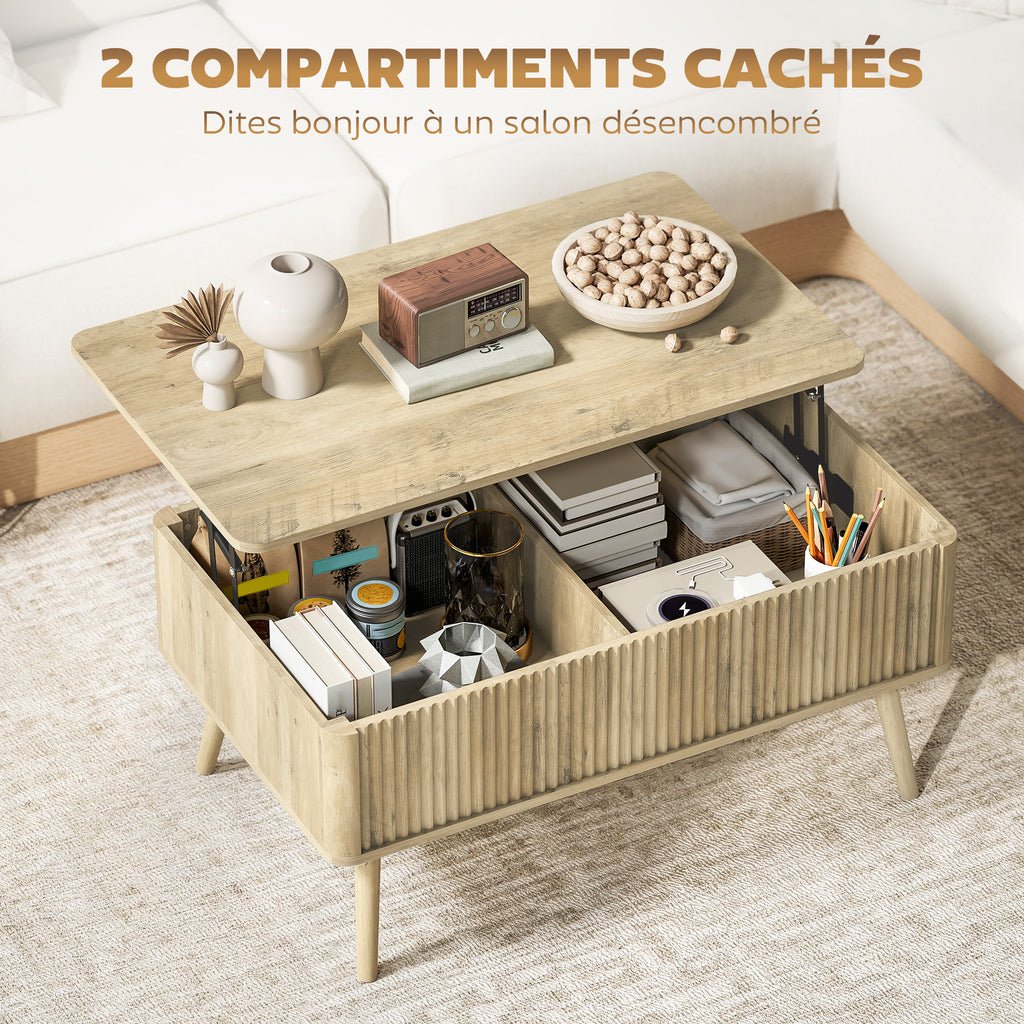Table basse relevable, table de salon avec 2 compartiments cachés et pieds en pin, 91 x 56 x 43 cm, chêne-4