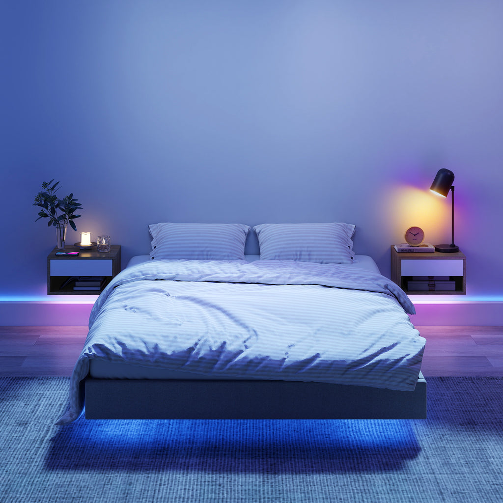Lot de 2 tables de chevet suspendues avec éclairage LED RGB contrôle par application, étagère, tiroir, 37x32x21cm, teck-7
