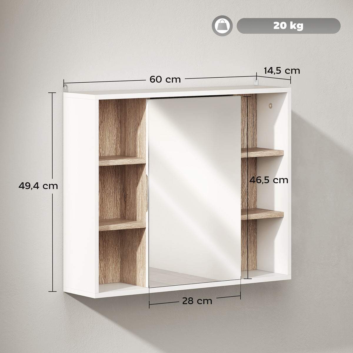 Armoire murale, meuble salle de bain avec miroir, miroir salle de bain avec rangement, placard à portes et 6 compartiments ouverts, 60 x 14,5 x 49,4 cm, blanc-2