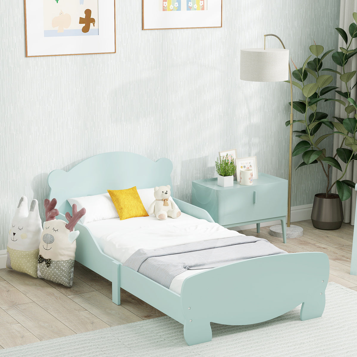 Lit enfant 70x140 cm avec barrières de sécurité thème d'ours pour garçons, filles, âgés de 3 à 6 ans, vert-1