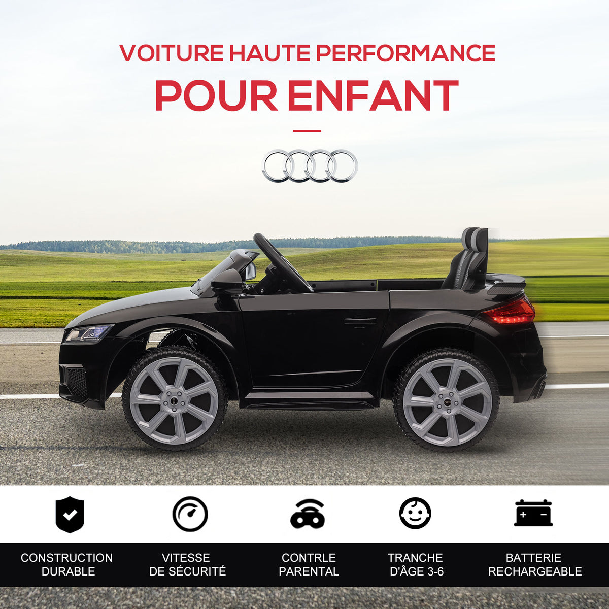 Voiture électrique enfant véhicule électrique enfant Audi TT RS 12 V 30 W V. Max. 3 Km/h télécommande 2,4G Effets sonores + Lumineux Noir
