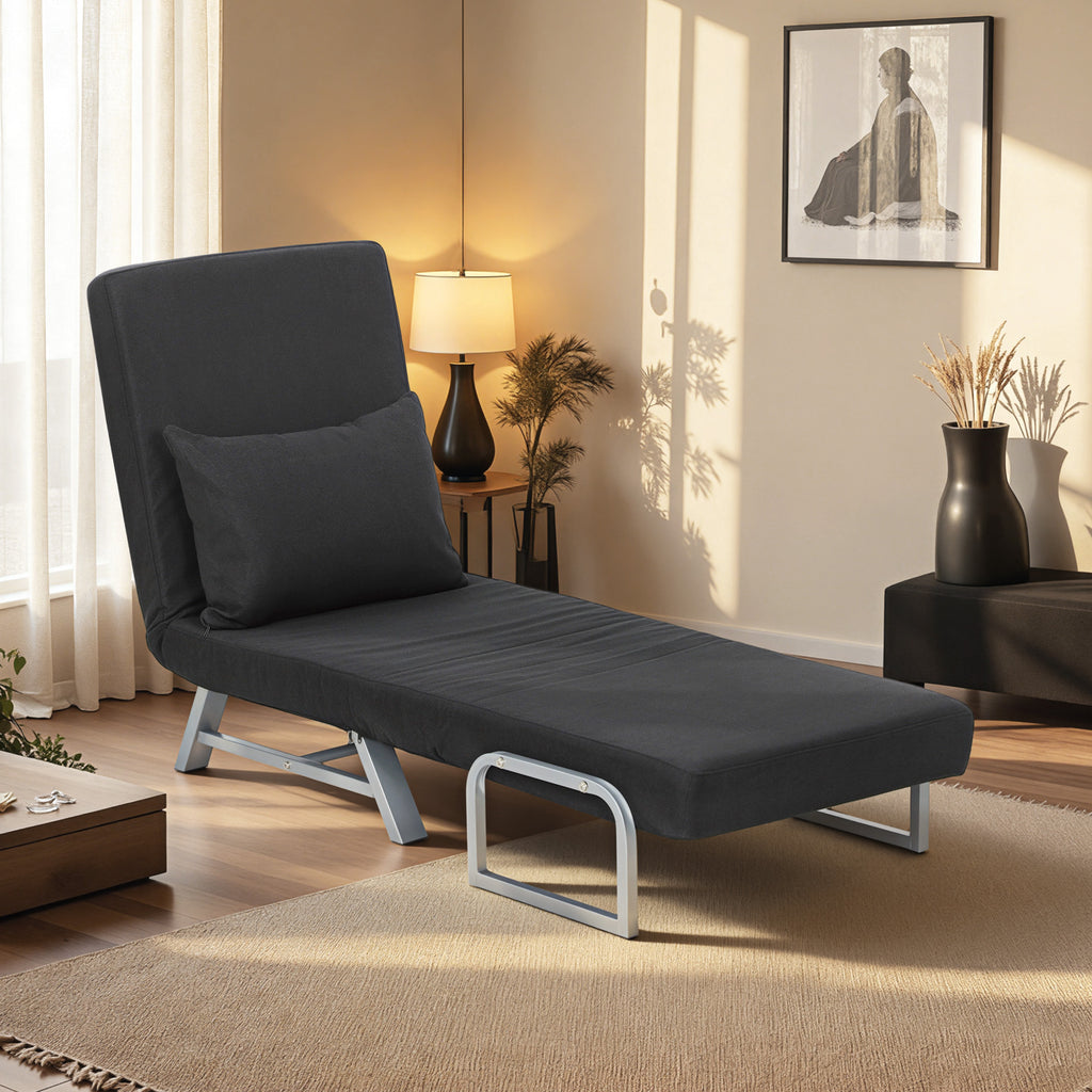Fauteuil chauffeuse canapé-lit Convertible inclinable 1 Place Coussin lombaires accoudoirs piètement métal Lin Noir