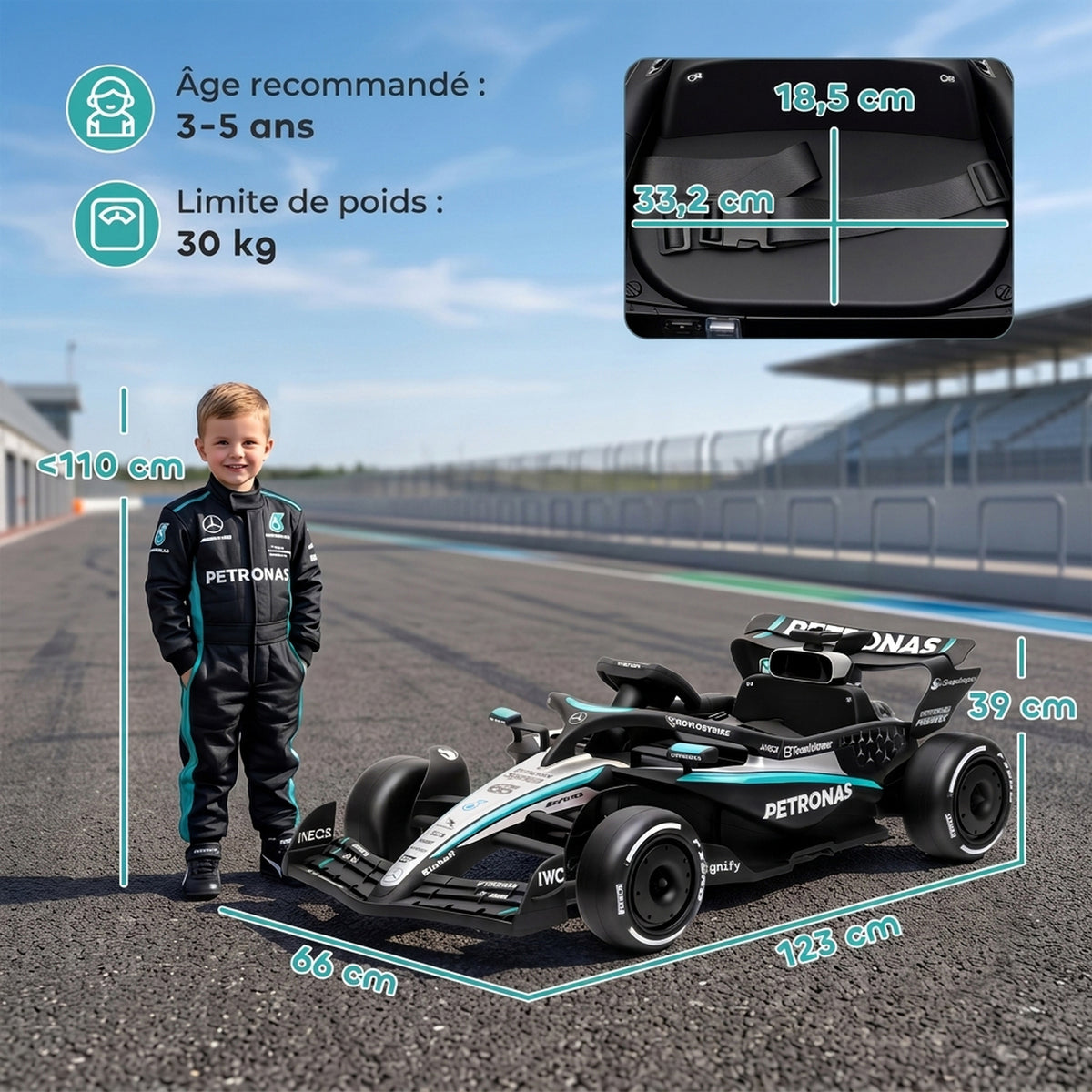 Mercedes-AMG PETRONAS F1 elektromos gokart – 12 V, lítiumakku, távirányító (Fekete/ezüst)