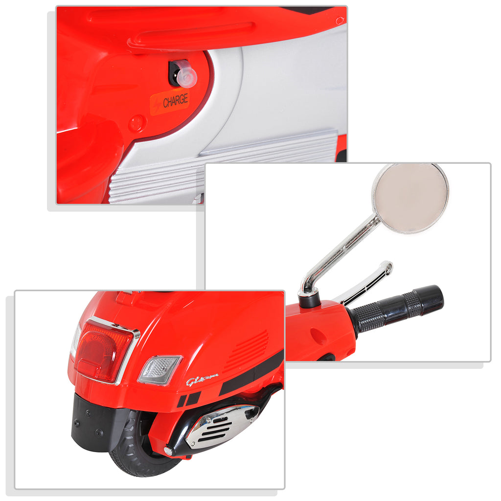 Vespa Scooter Moto électrique Enfants 6 V dim. 102L x 51l x 76H cm Musique MP3 Port USB klaxon Phare feu AR Rouge
