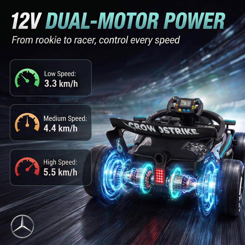 Mercedes-AMG PETRONAS F1 elektromos gokart – 12 V, lítiumakku, távirányító (Fekete/ezüst)