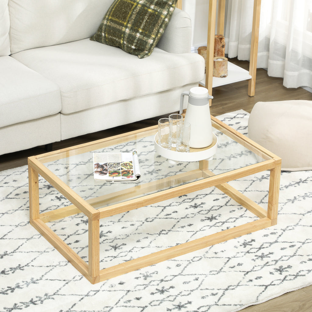 Table basse rectangulaire table de salon avec plateau en verre trempé cadre en bois d'hévéa dim. 100L x 60l x 35H cm-5