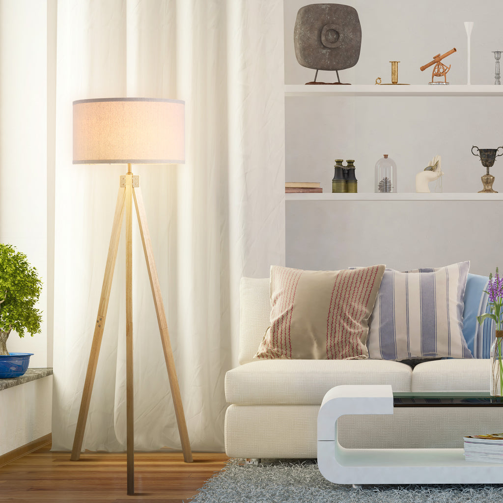Lampadaire trépied style scandinave 40 W max. dim. 45L x 45l x 152H cm bois de pin lin beige-1