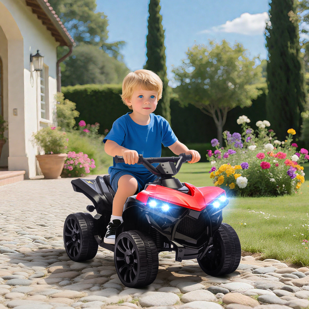 Quad électrique enfant 6V, voiture électrique enfants ATV, musique et phares LED, pour 18-56 mois, 70x42x45cm, rouge