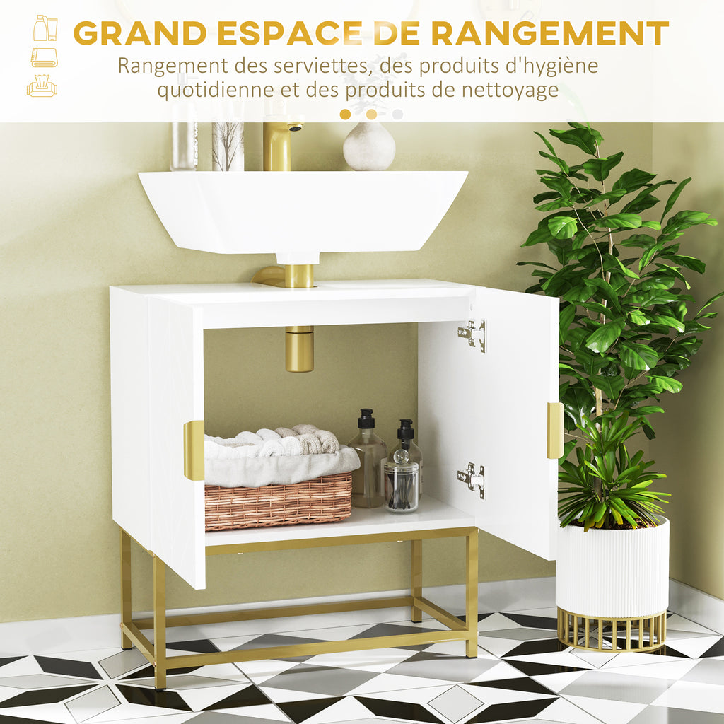 Meuble sous lavabo meuble de salle de bain avec placard double porte pieds en acier doré 60 x 30 x 65 cm blanc-5