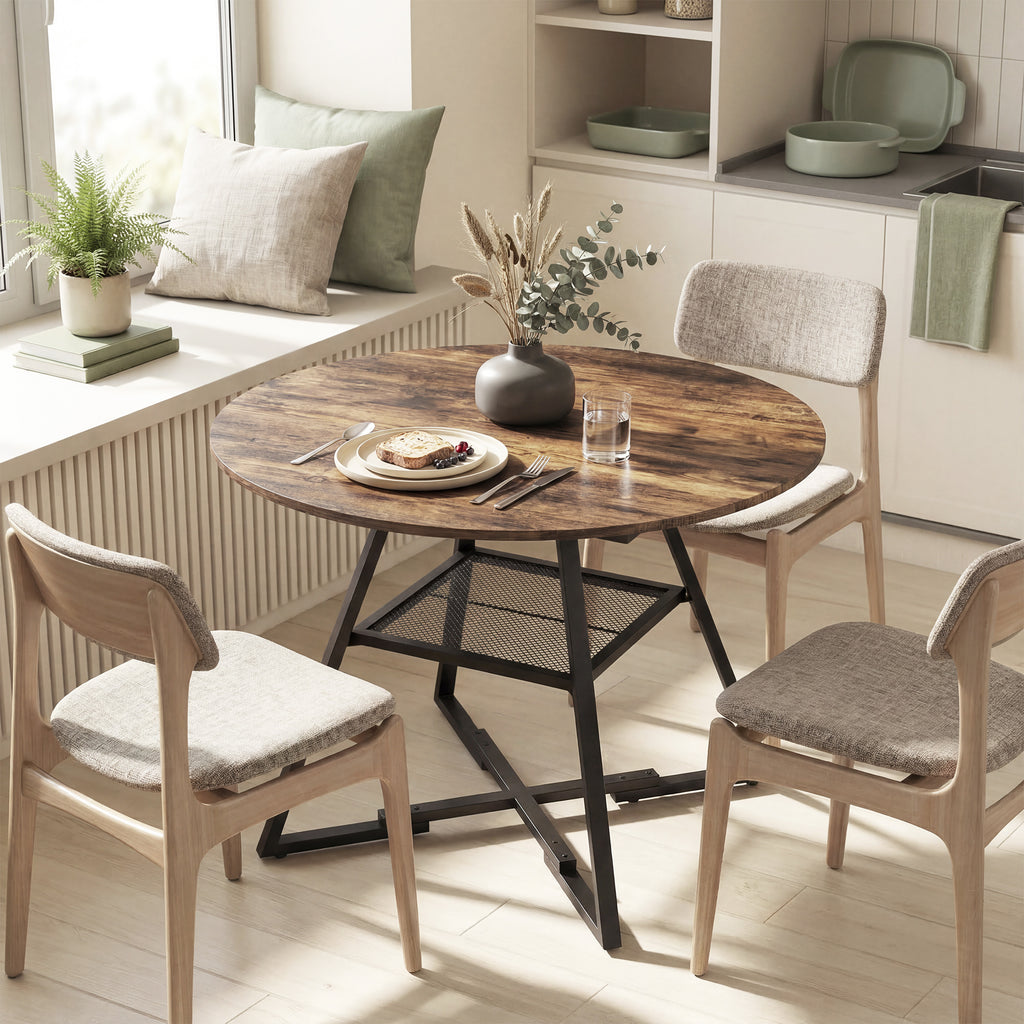 Table à manger ronde pour 4 personnes, Ø 100 x 76 cm, table de cuisine avec large plateau et étagère, brun rustique-8