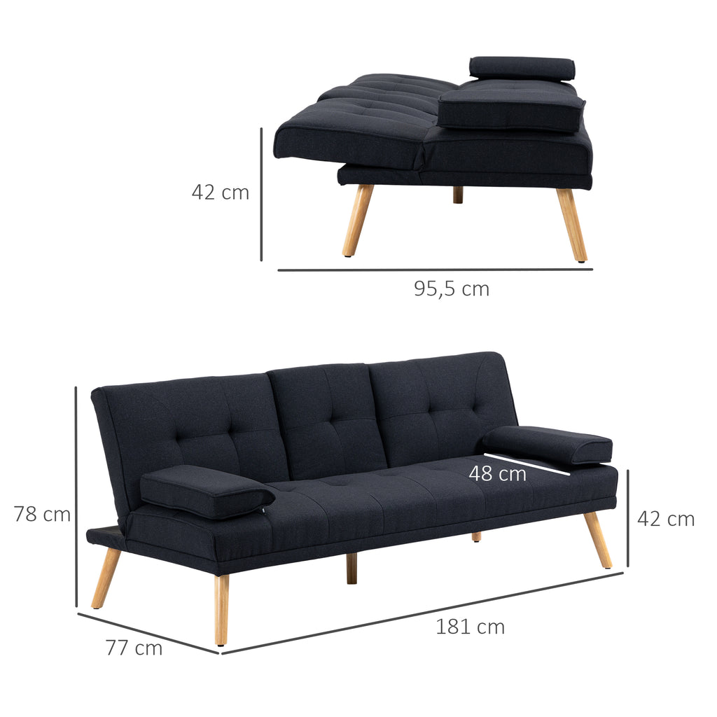 Canapé convertible 3 places, canapé-lit rembourré avec dossier réglable 3 niveaux, 2 coussins et 2 porte-gobelets intégrés, tissu de lin, pour salon, chambre d'amis, petit espace, gris-2
