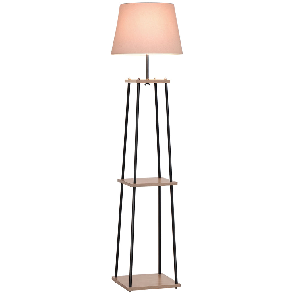 Lampadaire design contemporain dim. 40L x 40l x 160H cm 40 W max. 3 étagères intégrées bois massif pin métal noir lin beige-0
