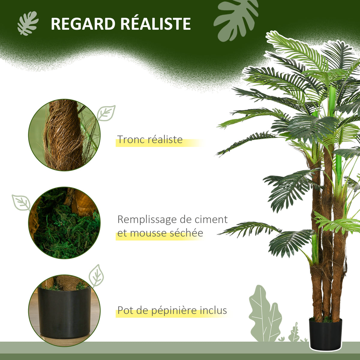 Palmier Artificiel H.1,6 m Arbre Artificiel Tronc Branches Lichen Feuilles Grand réalisme Pot Inclus-4