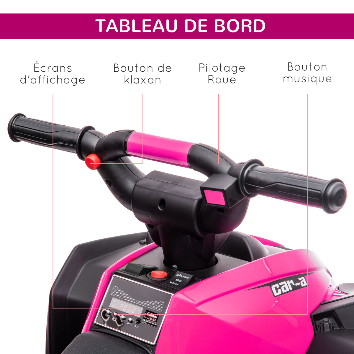 Quad buggy électrique enfant 12 V 6 Km/h max. effets lumineux selle pour enfant 3-5 ans métal PP noir rose