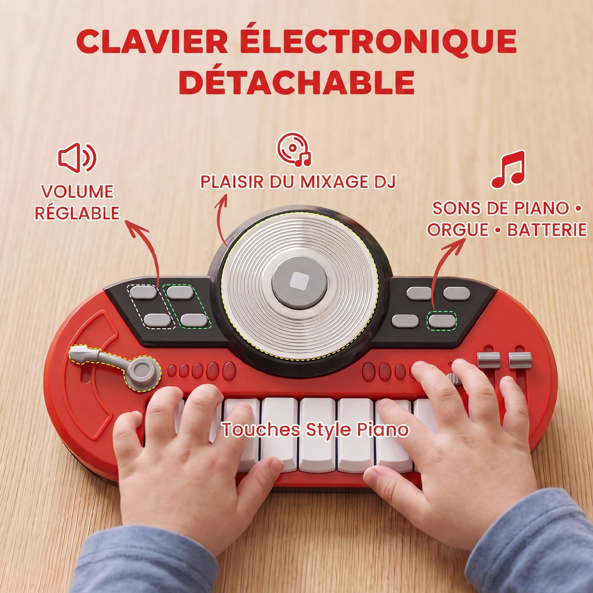 Kit de Batterie pour Enfants avec Tabouret, Clavier Électronique, Microphone, Connecté via USB, 77,5x40x76,5cm, Rouge