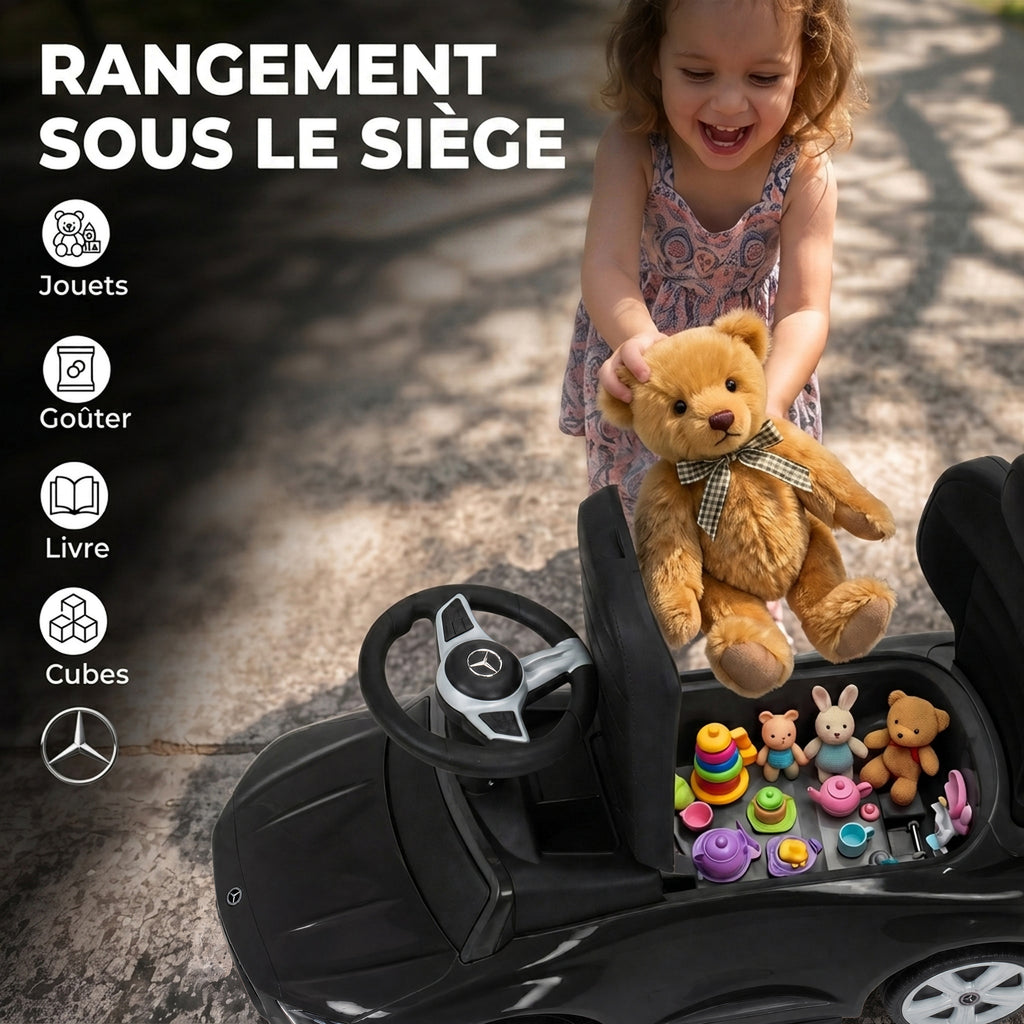 Porteur Enfants 3 en 1 Mercedes-Benz sous Licence, Garde-Corps, Espace de Rangement, Klaxon, 83x40x90cm, Noir