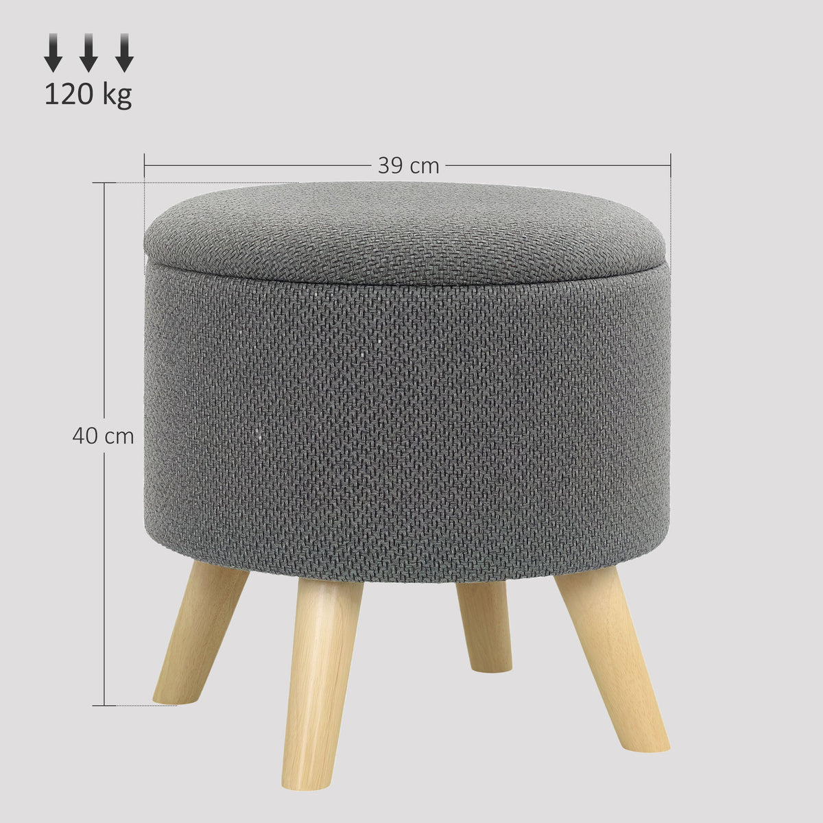 Pouf rond repose-pieds tabouret avec coffre de rangement pieds en bois design moderne gris-2