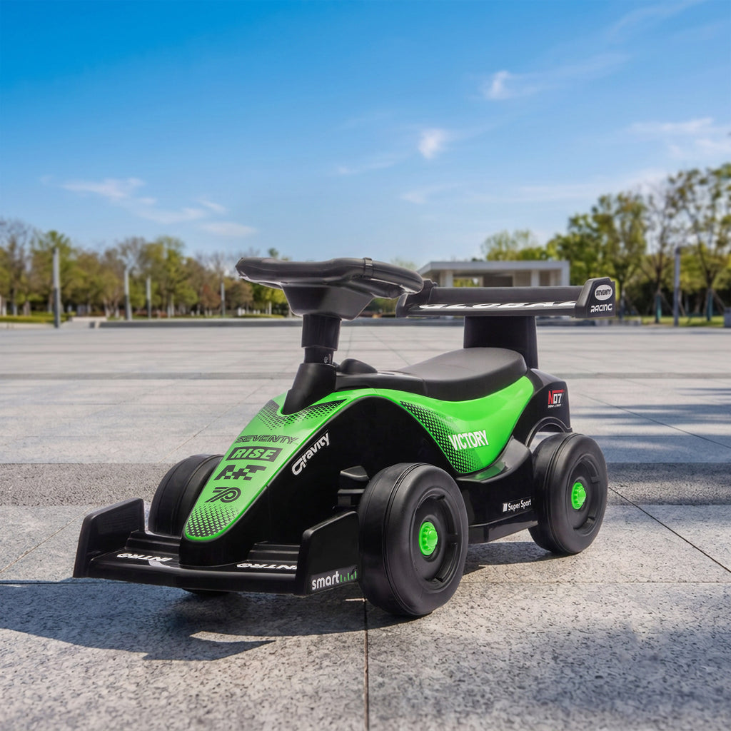 Porteur enfants voiture F1, véhicule à pousser avec volant musical, roues silencieuses et coffre, 18-36 mois, vert-1