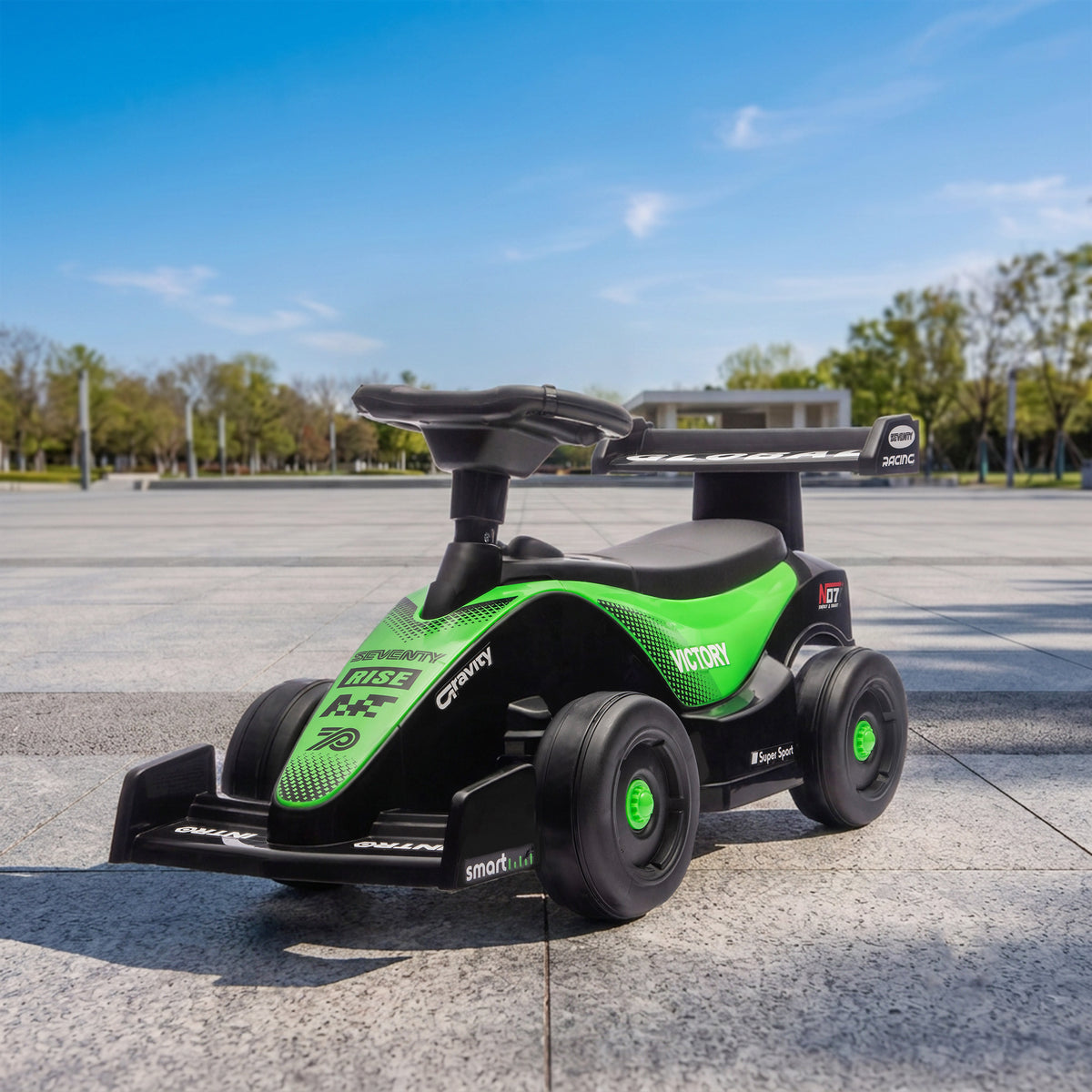 Porteur enfants voiture F1, véhicule à pousser avec volant musical, roues silencieuses et coffre, 18-36 mois, vert-1