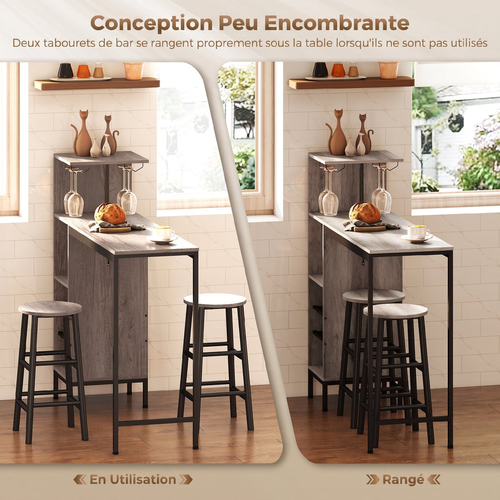 Ensemble table de bar avec tabourets, table à manger debout avec 2 chaises de bar étagères, casiers à vin, gris-5