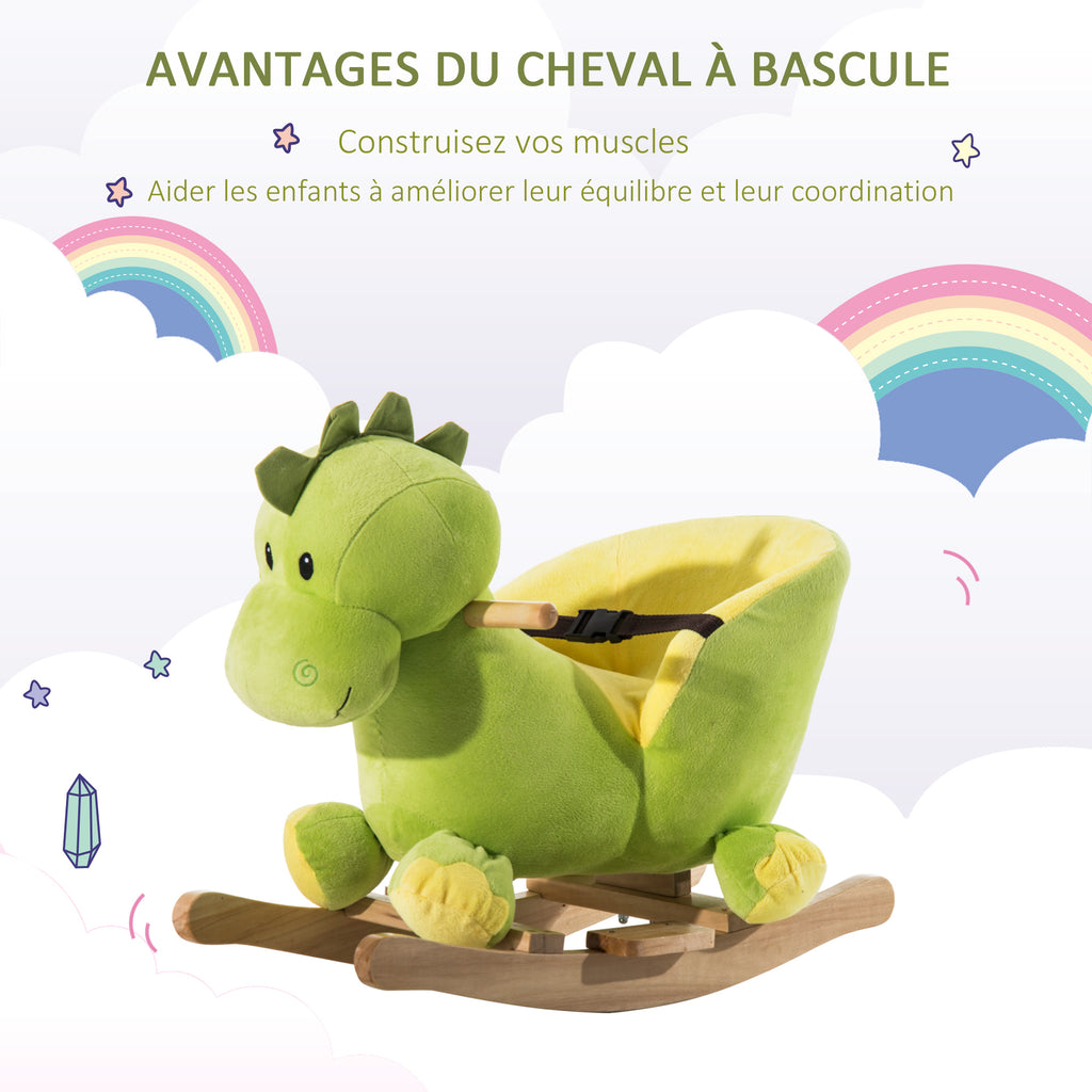 PawHut zenélő plüss dinoszaurusz hintajáték biztonsági övvel, zöld