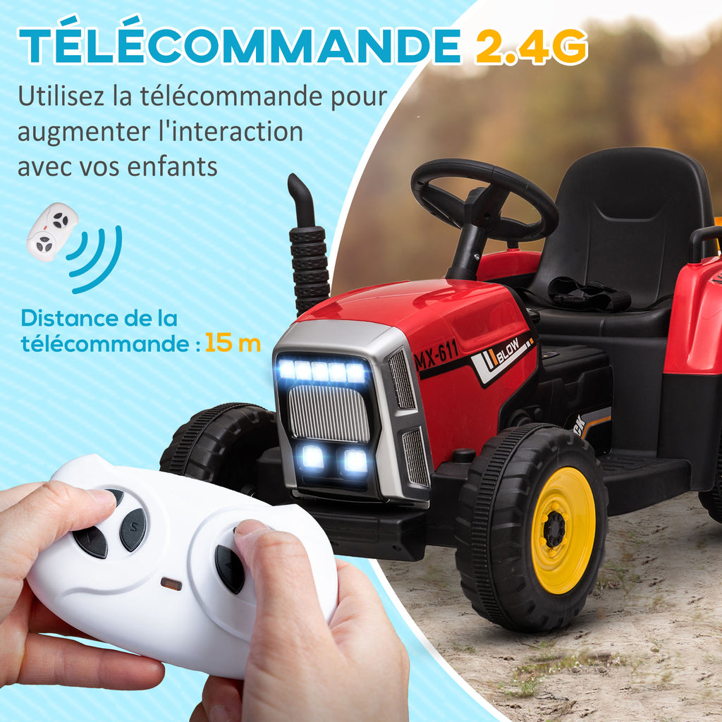 Gyermek traktor Piros 12 V-os elektromos – levehető utánfutóval és távirányítóval