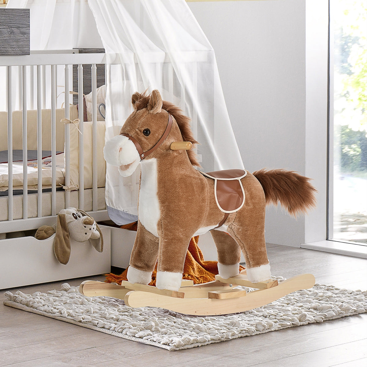 Cheval à Bascule Selle Grand Confort Peluche Courte Douce Bois peuplier Brun dim. 65L x 32,5l x 61H cm