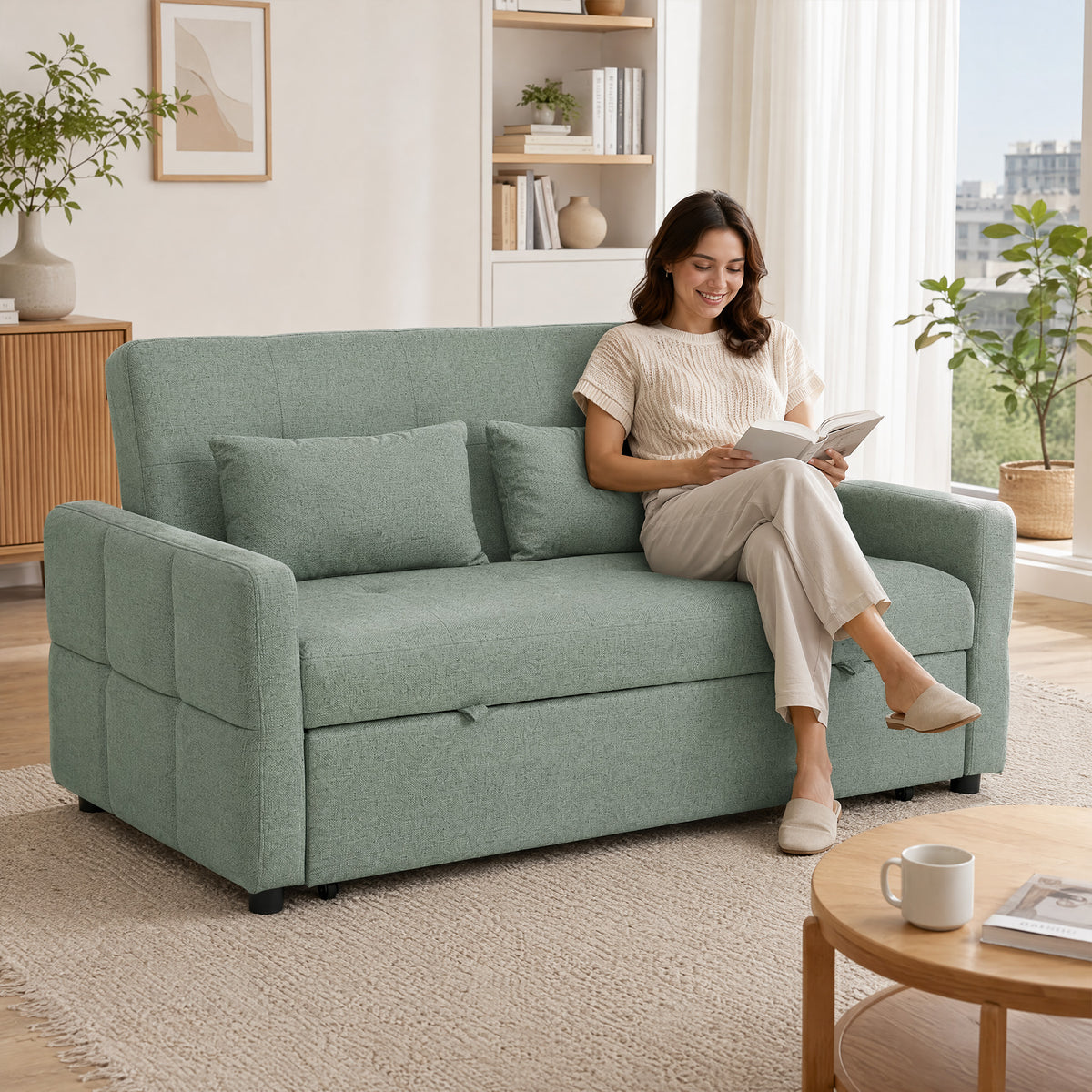 Canapé Convertible 2 Places 3 en 1, Canapé-Lit Clic Clac 160 cm, Dossier Réglable, Assise Large, 2 Oreillers, Vert-3
