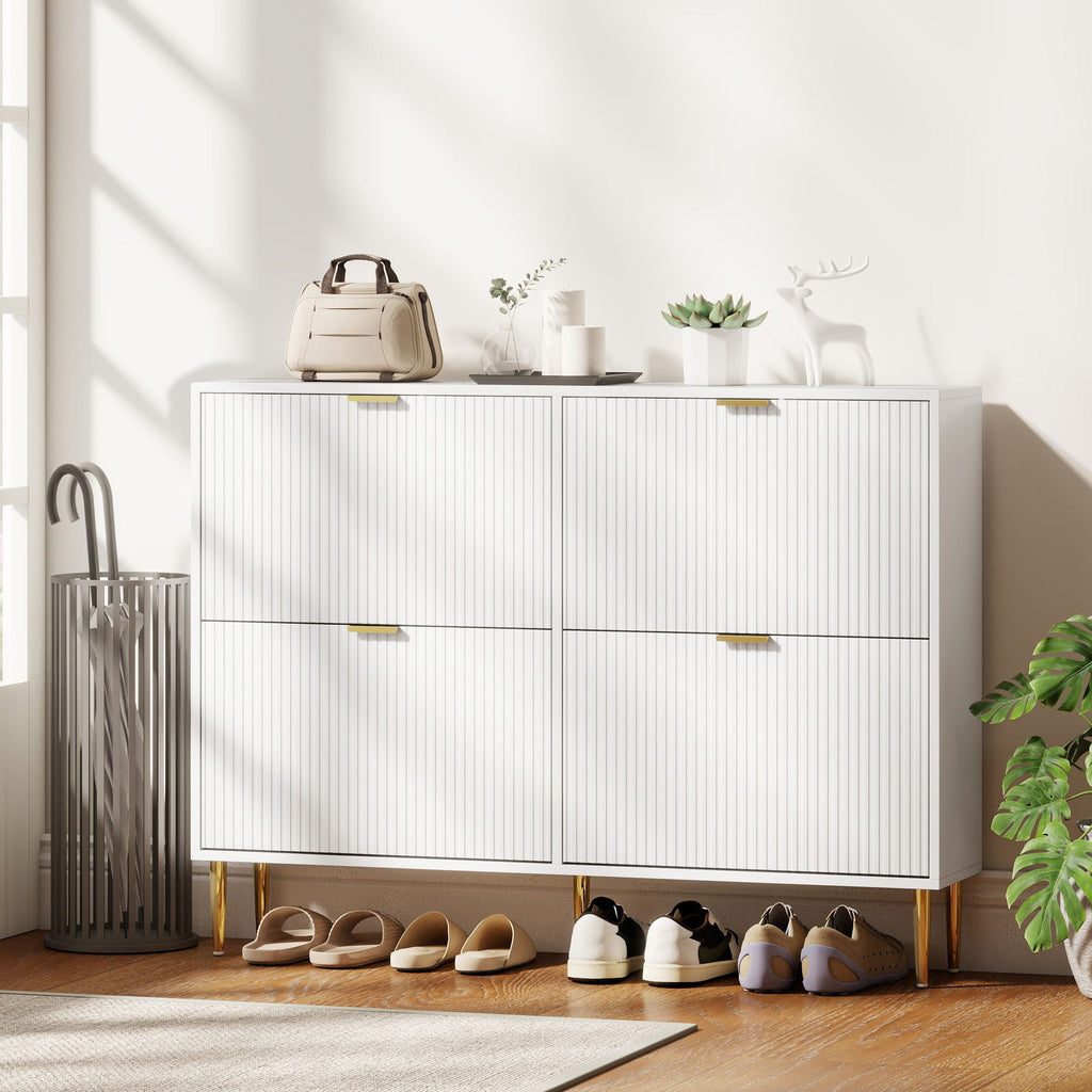 Meuble à chaussures 20 paires avec 4 tiroirs rabattables, portes cannelées et étagères réglables, 105x24x91,5cm, blanc-7